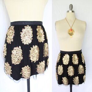Gryphon New York mesh black gold floral beaded sequin Dress skirt flapper NWT M
